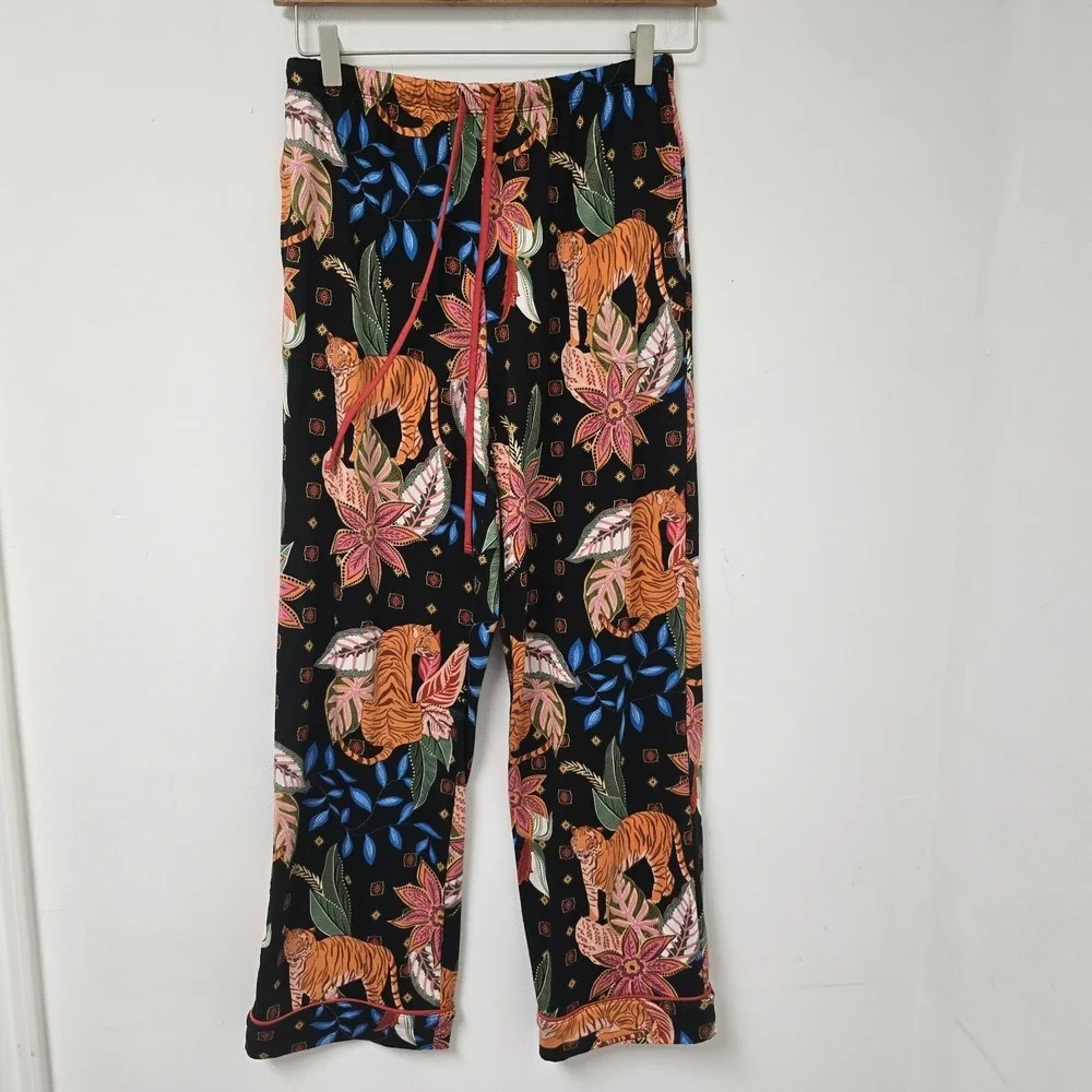 Room Service Tiger Print Pajama Set Black Floral Size S Button Up Cozy Lounge - Picture 5 of 10